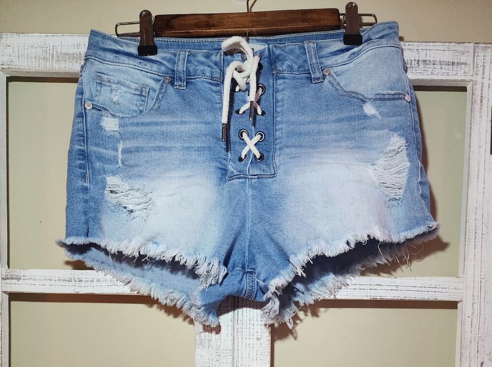 Refuge Lace-Up Distressed Denim Shorts | Size 8